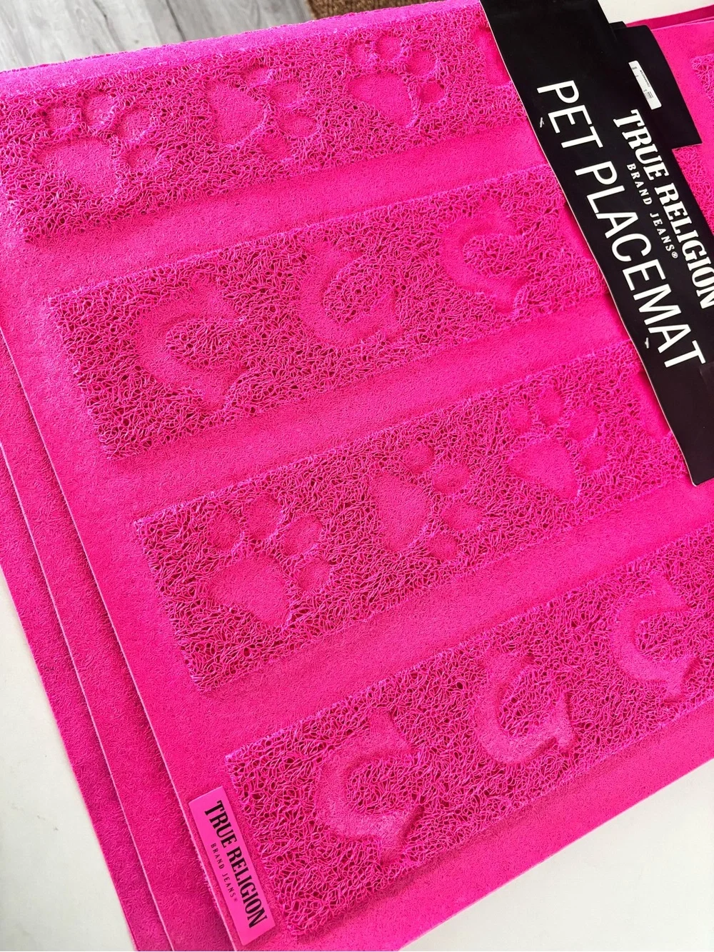 True Religion Vibrant Pink Pet Placemat with Paw for pets!